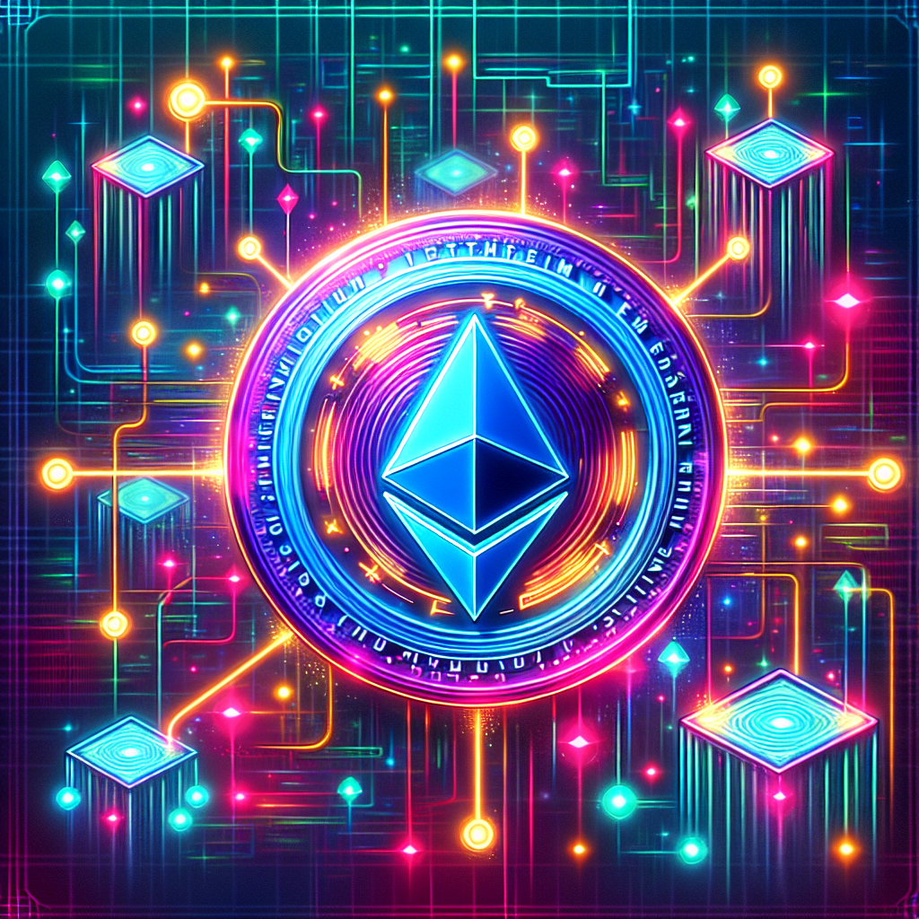 A futuristic digital art illustration showcasing an abstract representation of Ethereum staking, featuring neon-colored ETH coins, interconnected nodes, and a serene digital landscape that symbolizes earning passive income.