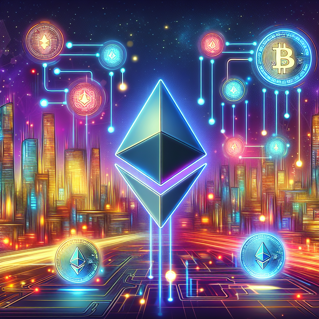A futuristic digital illustration depicting a step-by-step guide to staking Ethereum, featuring neon accents and a sleek, high-tech cityscape in the background, with visuals of Ethereum coins, staking processes, and charts indicating growth and security.