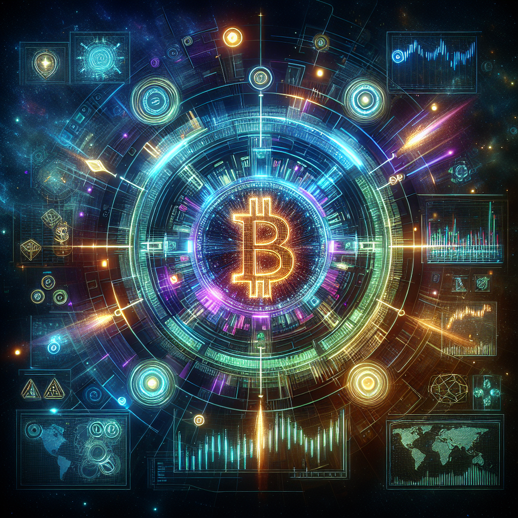 A futuristic digital illustration depicting the concept of Bitcoin trading, featuring a glowing Bitcoin symbol surrounded by neon graphs and charts, with elements representing market insights and technology in a vibrant, electric color palette.