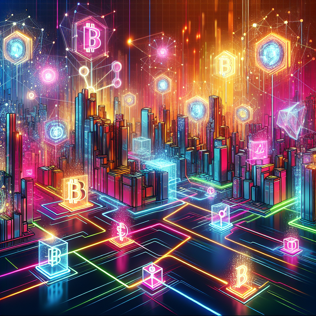 A futuristic digital artwork depicting a vibrant, neon-lit cityscape with abstract representations of blockchain concepts, such as interconnected nodes and cryptographic symbols, showcasing the essence of cryptocurrency trading.