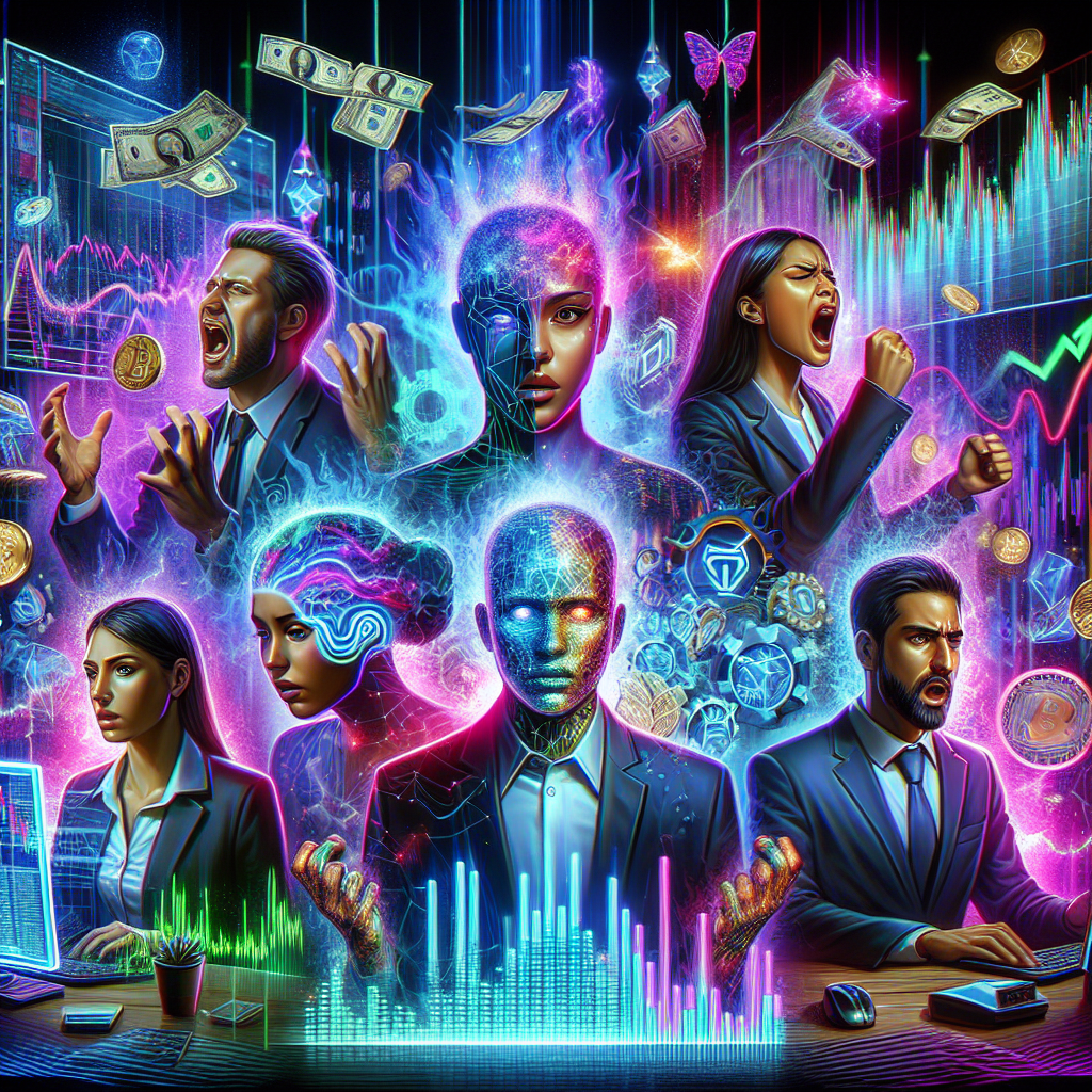 A futuristic representation of the crypto market, depicting a diverse group of traders experiencing various emotions, surrounded by neon-lit charts and digital elements representing market fluctuations.