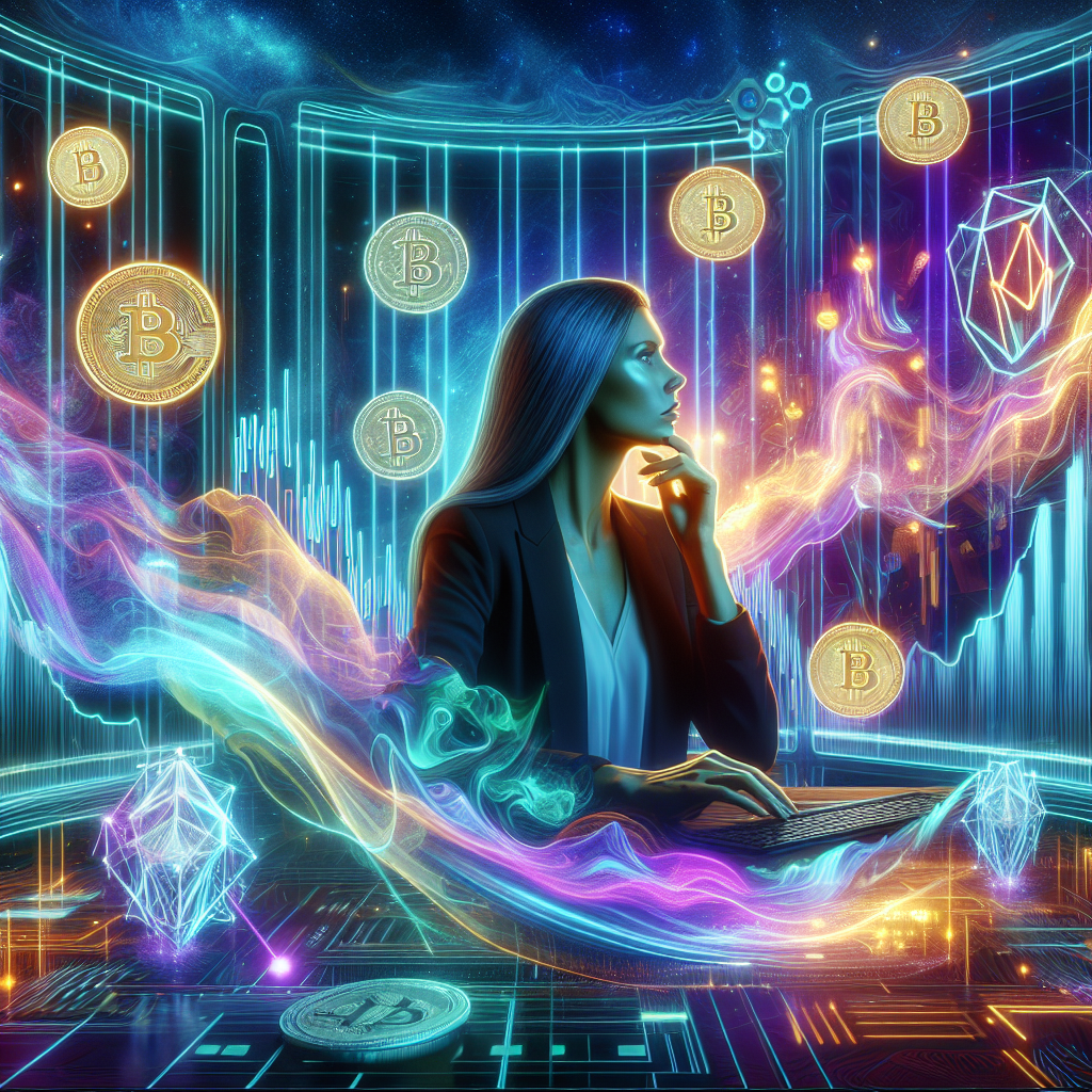 A futuristic illustration depicting a trader immersed in a vibrant neon-lit environment, surrounded by digital currency symbols and emotional indicators, embodying the concept of crypto market psychology.
