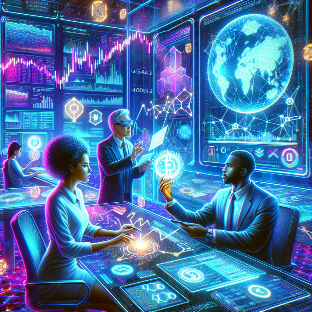 A vibrant futuristic digital art illustration depicting a diverse group of traders engaged in decentralized finance activities with neon accents.