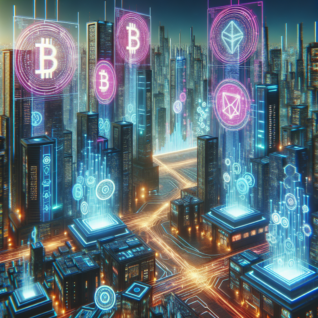 A futuristic cityscape illuminated by neon lights, with digital screens showcasing various altcoin symbols and data trends, surrounded by abstract graphs and blockchain motifs.