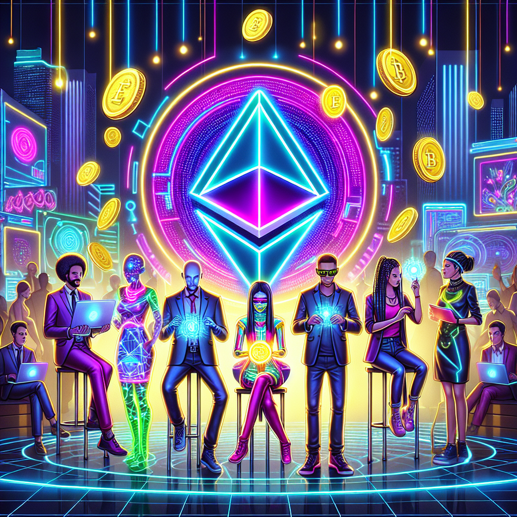 A vibrant digital illustration depicting the concept of Ethereum staking, featuring futuristic elements like neon lights, a stylized Ethereum logo, and diverse people engaging with technology in a virtual environment.