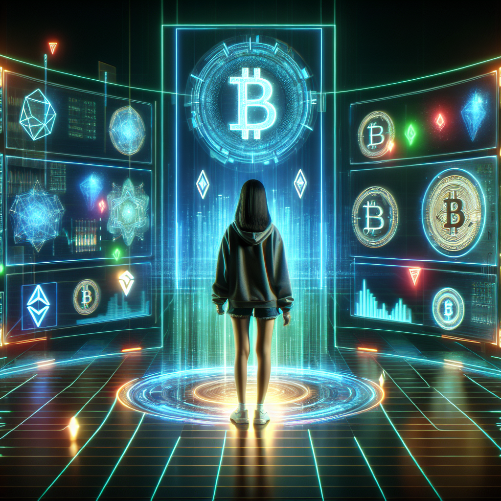 A vibrant futuristic scene depicting a novice trader confidently engaging with a holographic interface displaying Bitcoin charts, neon lights illuminating the background, with symbols of digital currencies surrounding them.