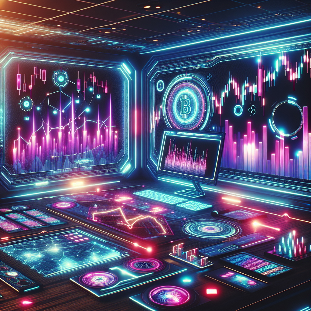 A futuristic trading workspace with glowing charts and technical analysis tools, showcasing a digital interface for altcoin trading with neon accents.
