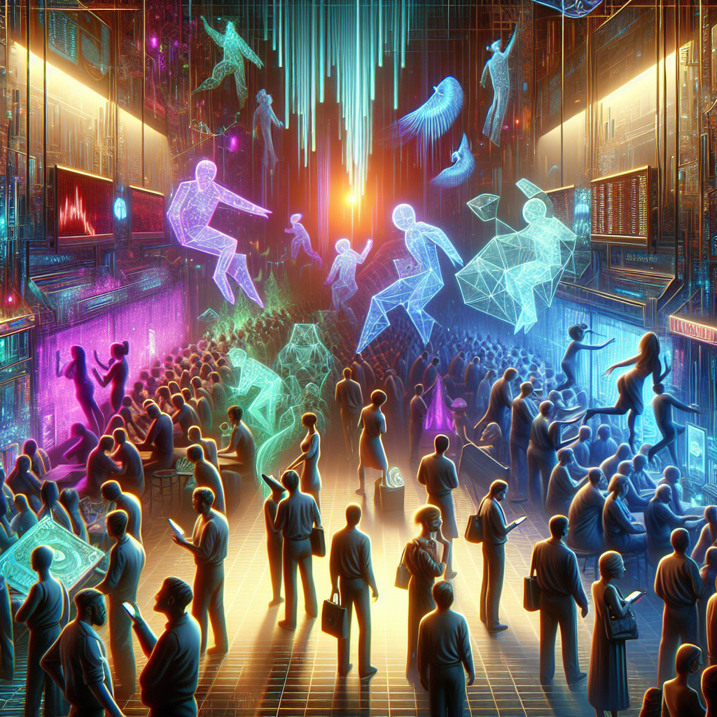A futuristic digital artwork depicting the complex interplay of emotions in cryptocurrency trading, featuring a bustling market scene with vibrant neon colors, abstract representations of emotions like fear, greed, and euphoria, and traders engaged in intense decision-making.