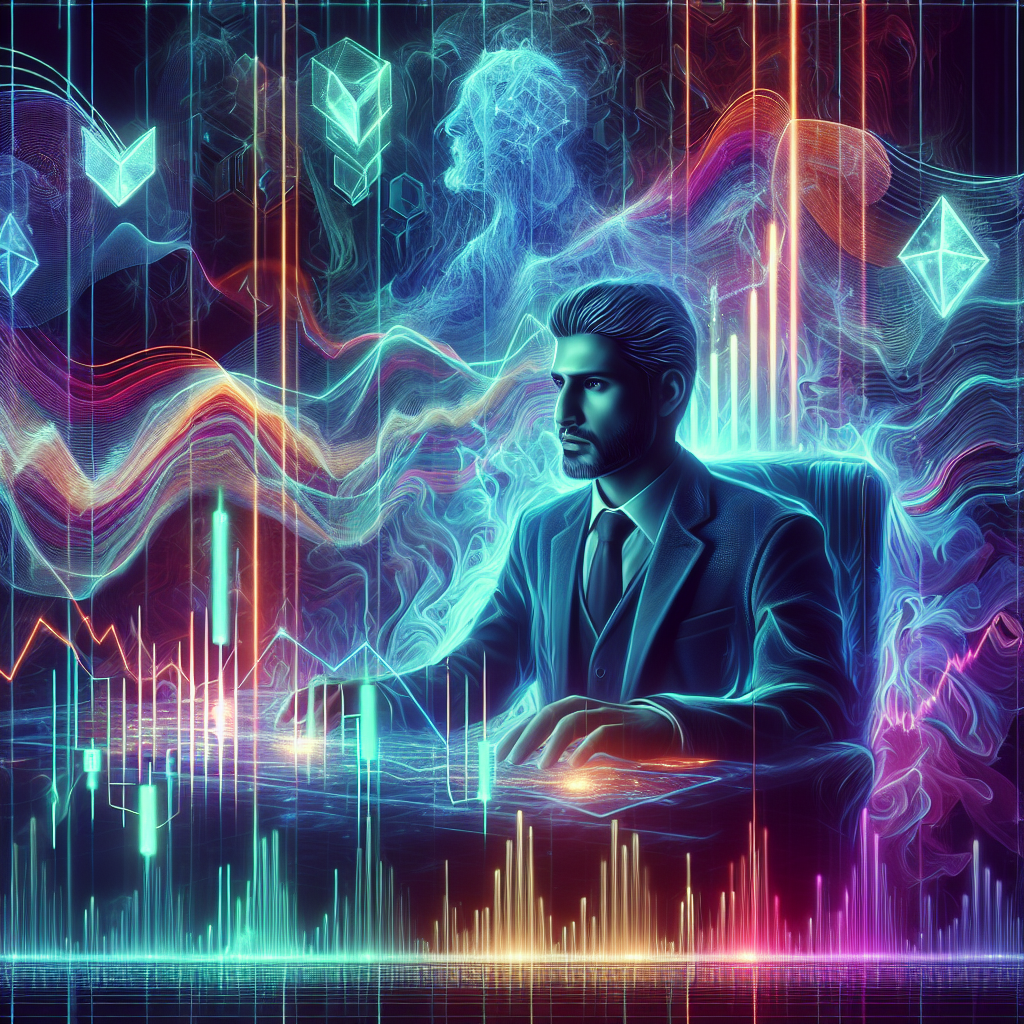 A futuristic digital illustration depicting a calm trader in front of a whimsical cryptocurrency market board displaying fluctuating prices and neon graphs, surrounded by vibrant colors and abstract shapes.