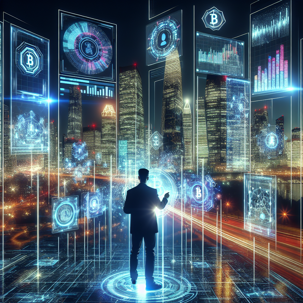 A futuristic cityscape illustrating a trader surrounded by digital interfaces and neon lights, embodying the essence of decentralized finance and its volatility.