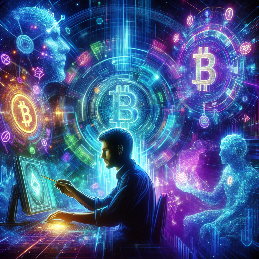 A futuristic digital art illustration depicting a trader navigating a vibrant neon-lit virtual landscape, filled with cryptocurrency symbols, intricate data charts, and the glowing silhouettes of robots as mentors, representing the psychological challenges and strategies of crypto trading.