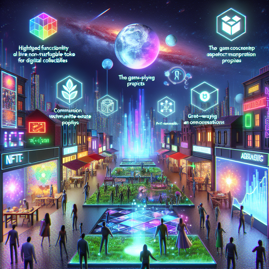 A futuristic digital landscape showcasing a vibrant marketplace filled with neon digital collectibles, featuring holographic displays, diverse avatars, and visual cues representing the five trends in the NFT market.