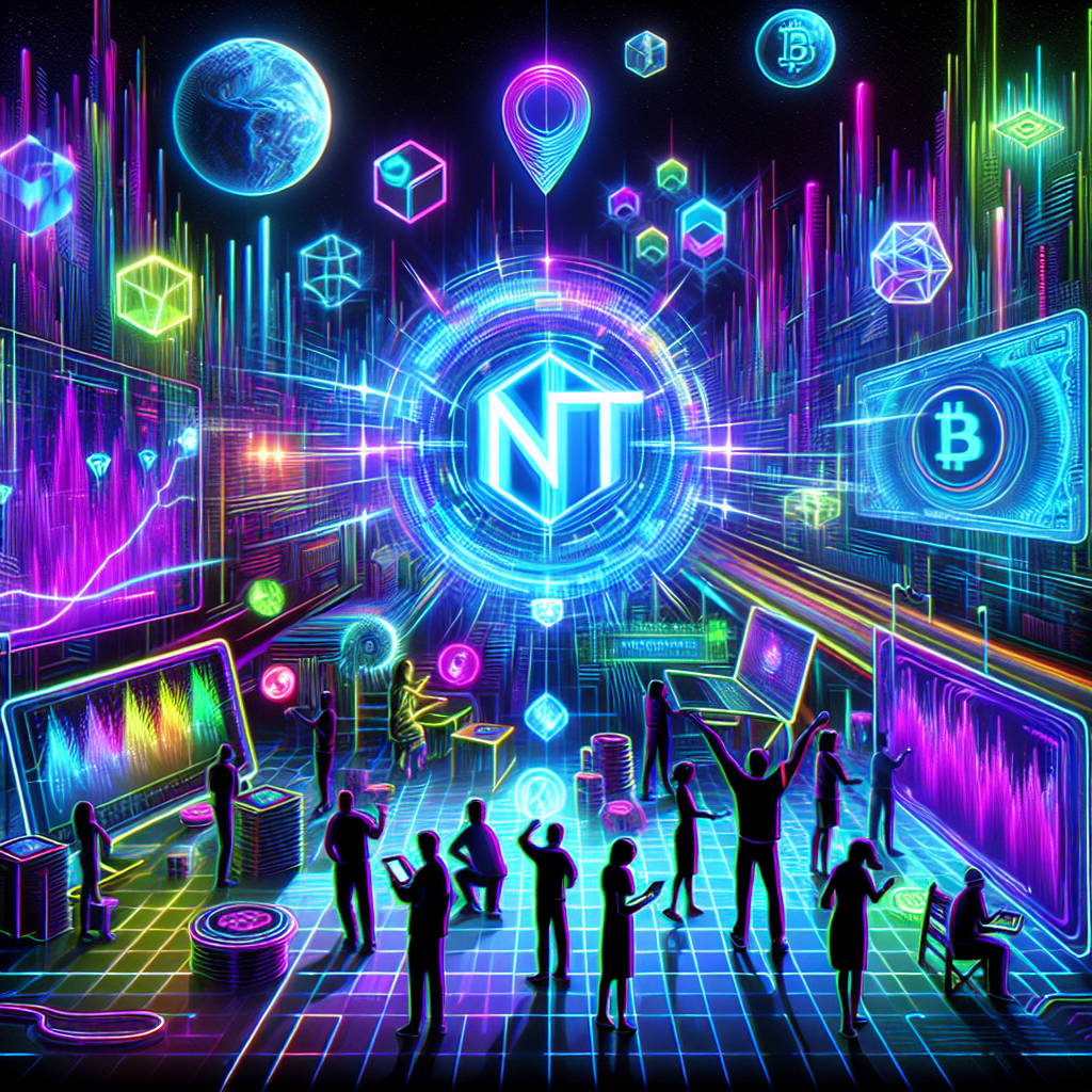 A futuristic digital art illustration showcasing vibrant neon accents and abstract representations of the top 5 trends shaping the NFT market, featuring elements like digital collectibles, blockchain symbols, and virtual reality environments.