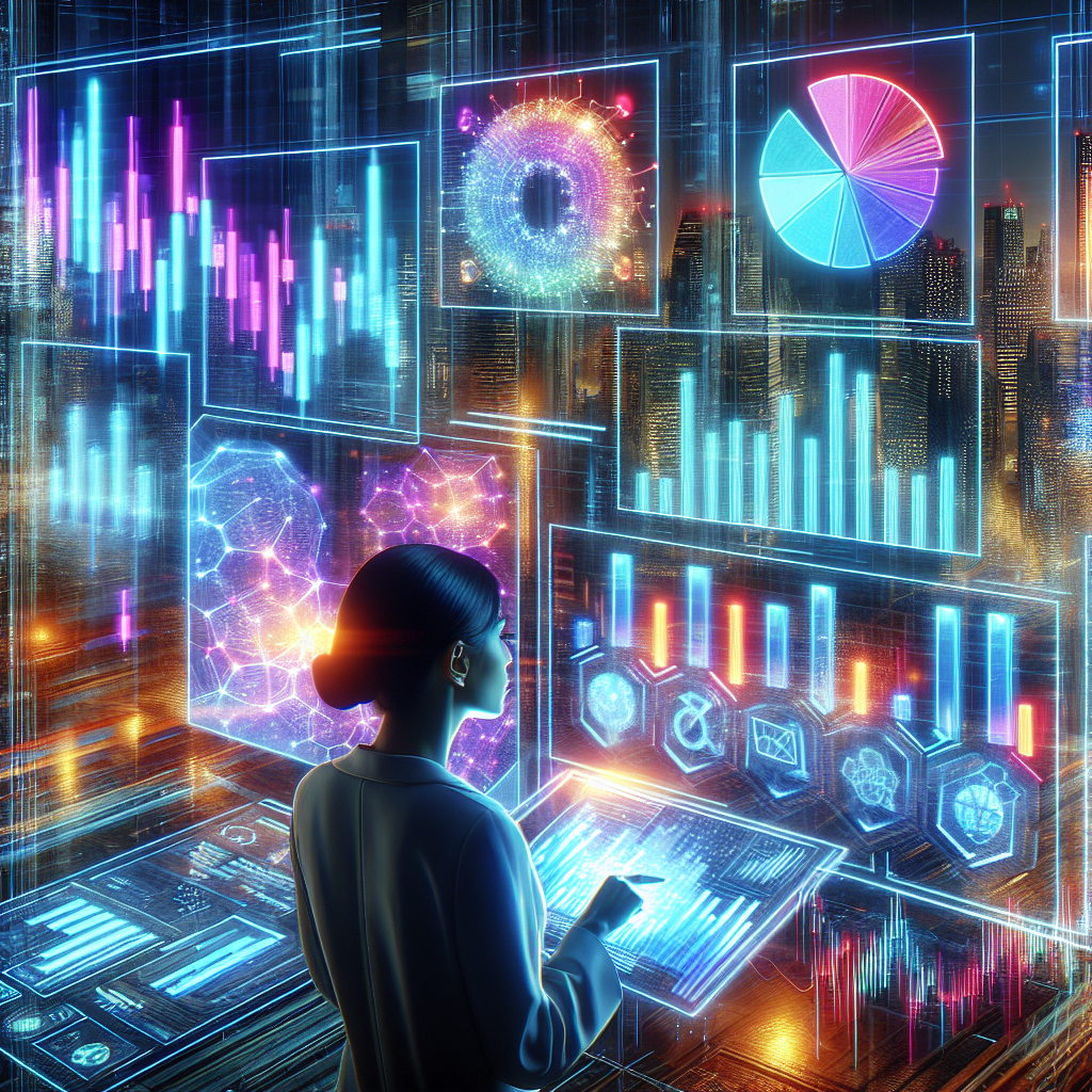 A futuristic digital landscape showcasing NFT trading trends, with neon accents and visual elements representing digital art, cryptocurrencies, and market graphs.