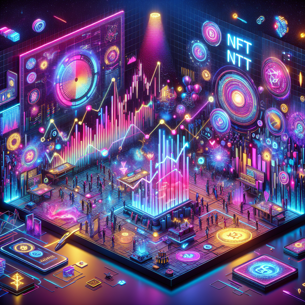 A futuristic digital landscape showcasing abstract representations of NFTs, with vibrant neon accents highlighting market trends, digital wallets, and hidden gem icons.