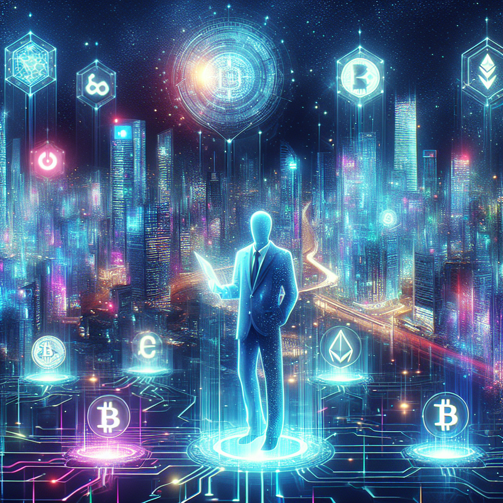 A futuristic digital illustration featuring a holographic cityscape with blockchain symbols, a person analyzing crypto charts on a transparent screen, and vibrant neon accents highlighting key concepts of risk management in cryptocurrency.