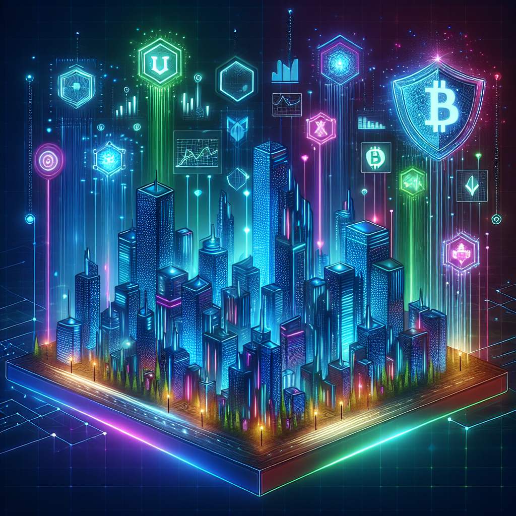 A futuristic digital illustration depicting a glowing cityscape filled with neon lights, representing risk management in cryptocurrency investments. The scene includes various elements such as a shield symbolizing protection, charts and graphs indicating strategies, and digital currency icons blending into the environment.