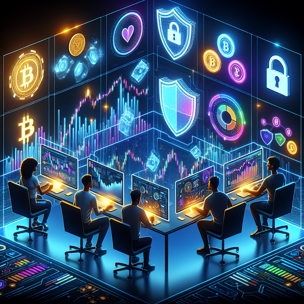A futuristic digital illustration showing a secure crypto trading environment, with glowing charts, digital locks, and vibrant neon colors symbolizing risk management strategies for cryptocurrency investments.