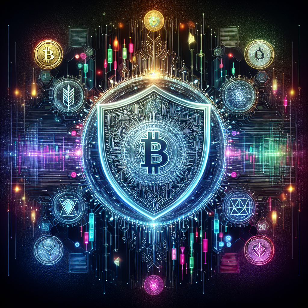 A futuristic digital art representation of risk management strategies in crypto trading, featuring a glowing shield made of digital code, surrounded by vibrant neon accents, cryptocurrencies, and abstract financial graphs.