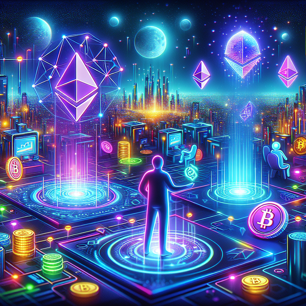 A futuristic digital landscape depicting the concept of staking Ethereum, featuring neon-lit blockchain structures, Ethereum coins, and a serene figure engaging in cryptocurrency investments.