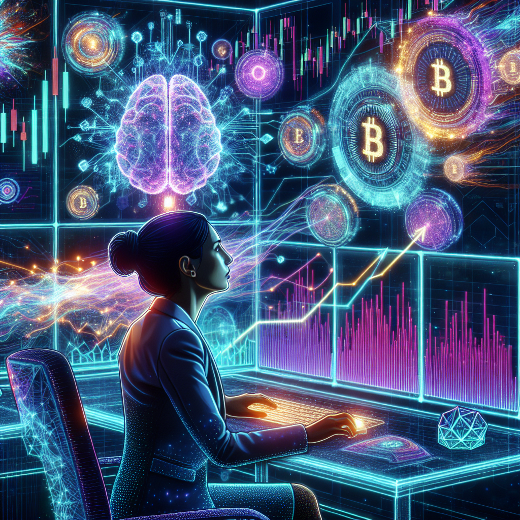 A futuristic digital illustration depicting a trader at a holographic desk, analyzing vibrant cryptocurrency charts while surrounded by colorful neon accents symbolizing emotions and decision-making.