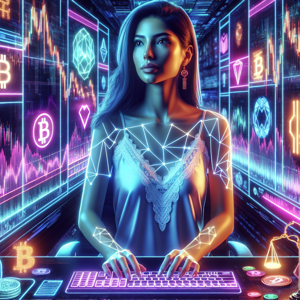 A futuristic digital art illustration depicting a trader surrounded by glowing screens filled with cryptocurrency charts and data, with vibrant neon accents highlighting emotional control symbols like a calm brain and balanced scales.
