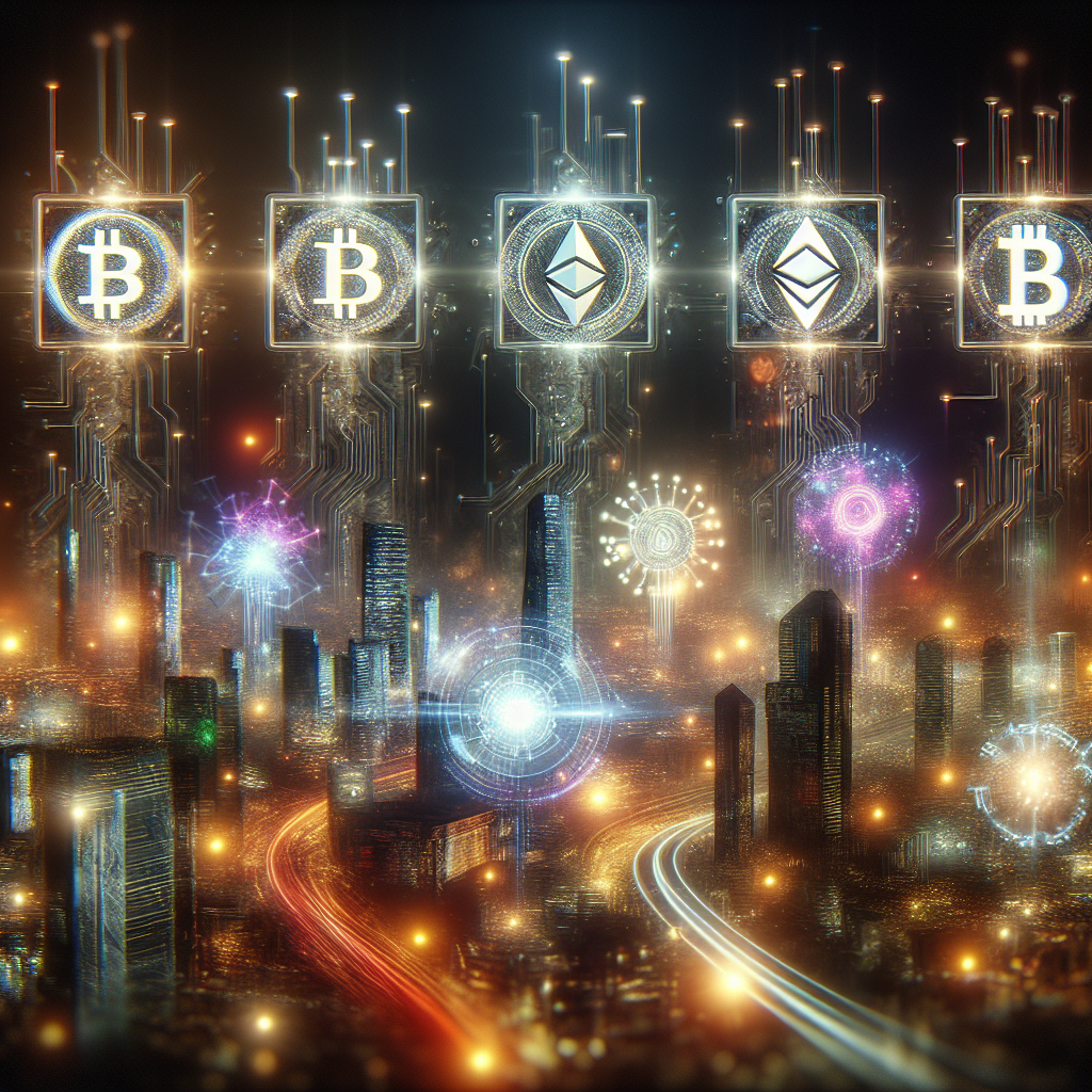A futuristic digital illustration depicting five vibrant altcoin symbols emerging from a glowing circuit board, surrounded by neon accents and a futuristic city skyline in the background, symbolizing trends and predictions in cryptocurrency trading for 2023.