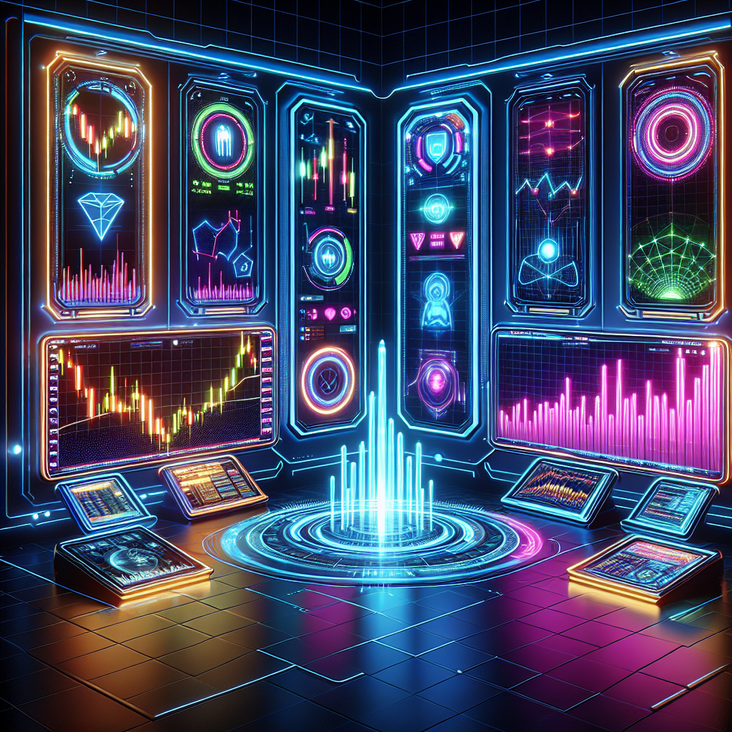 A futuristic digital representation of advanced technical analysis tools for trading, featuring glowing charts, indicators, and trading screens in a neon-lit environment.