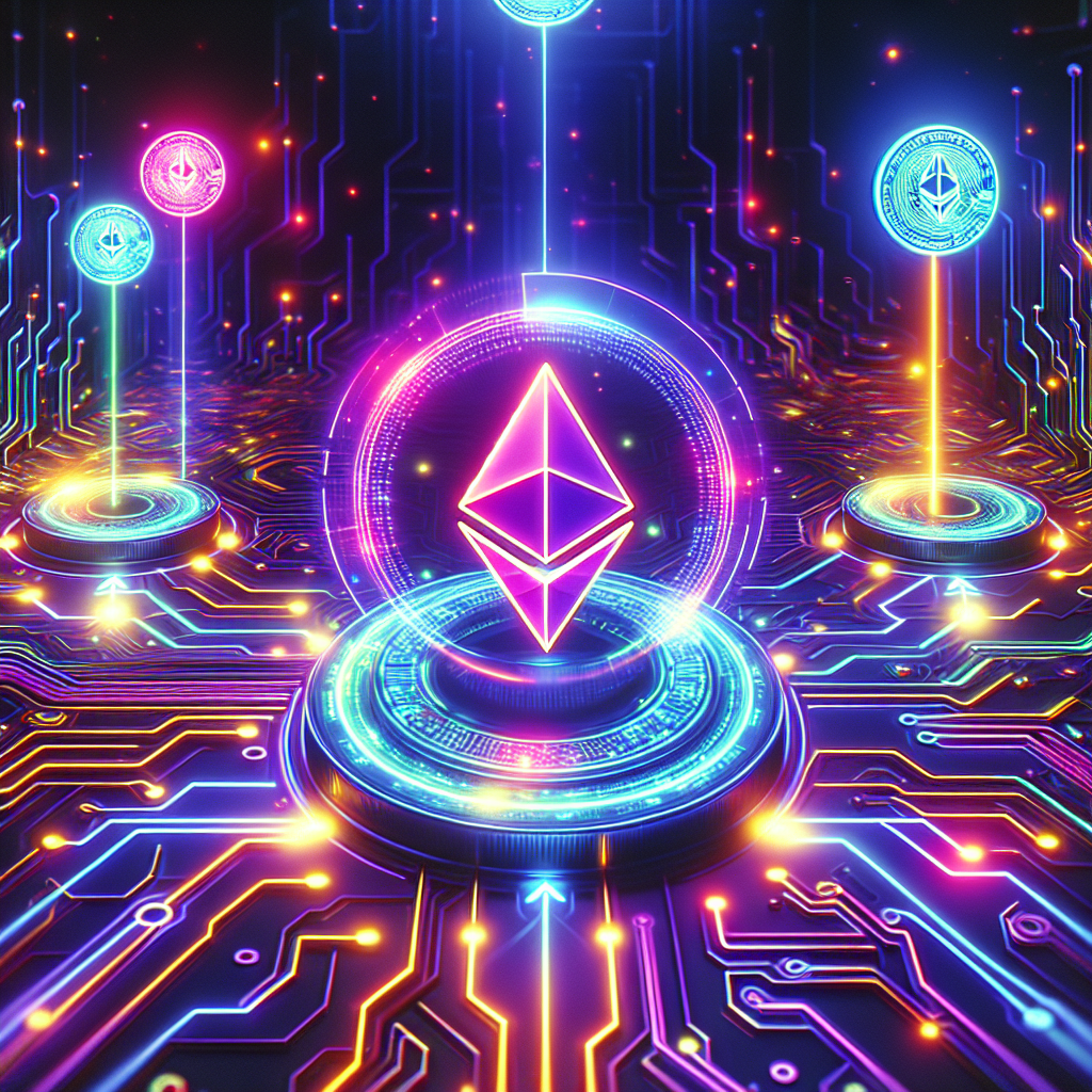 A futuristic digital art scene illustrating Ethereum staking, featuring a dynamic representation of blockchain nodes, neon accents, and a step-by-step guide emphasizing simplicity for beginners.