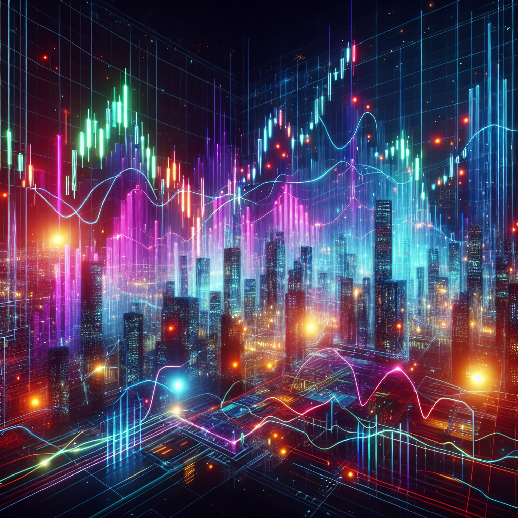 A futuristic digital illustration representing technical analysis in trading, featuring colorful charts, graphs, and trading indicators set against a backdrop of neon-infused cityscapes.