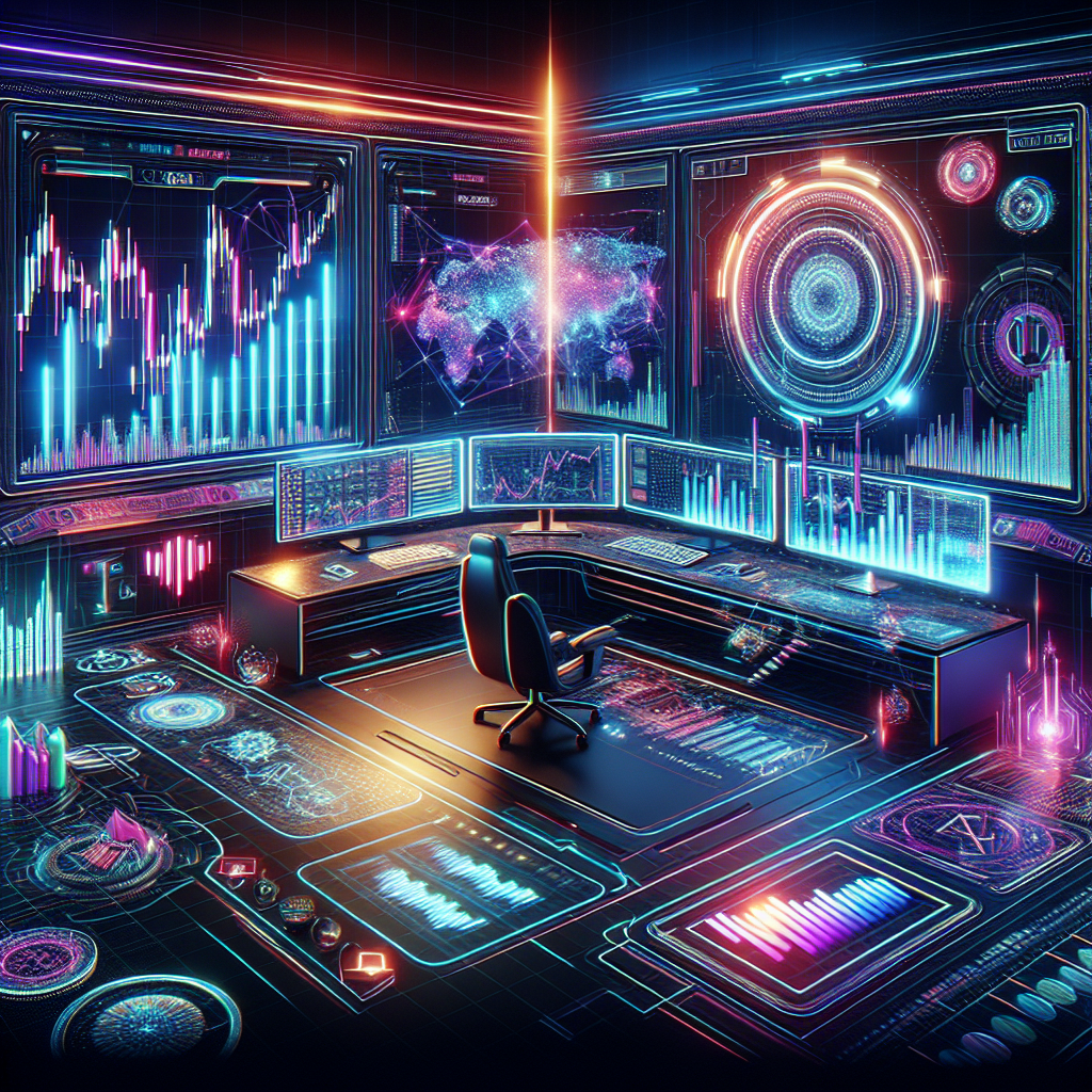 A futuristic digital workspace showcasing essential technical analysis tools for trading altcoins, featuring vibrant neon colors, holographic interfaces, and graphs depicting market trends.
